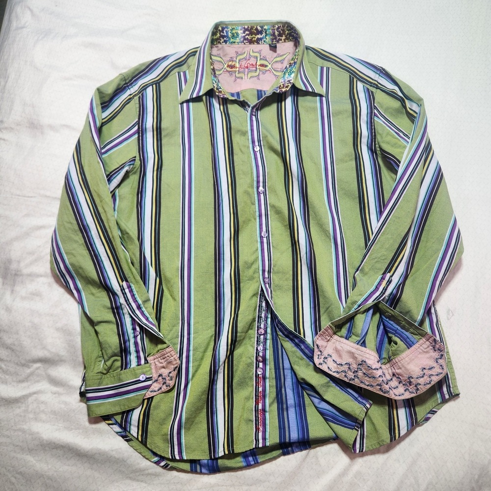 Robert Graham Mens Large Green Striped Button Up Shirt with Turn Cuffs - Picture 1 of 16